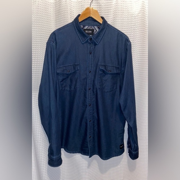 2/30$ Men’s ONLY & SONS dark blue cotton blend stretchy long sleeves shirt Sz XL - Picture 1 of 16